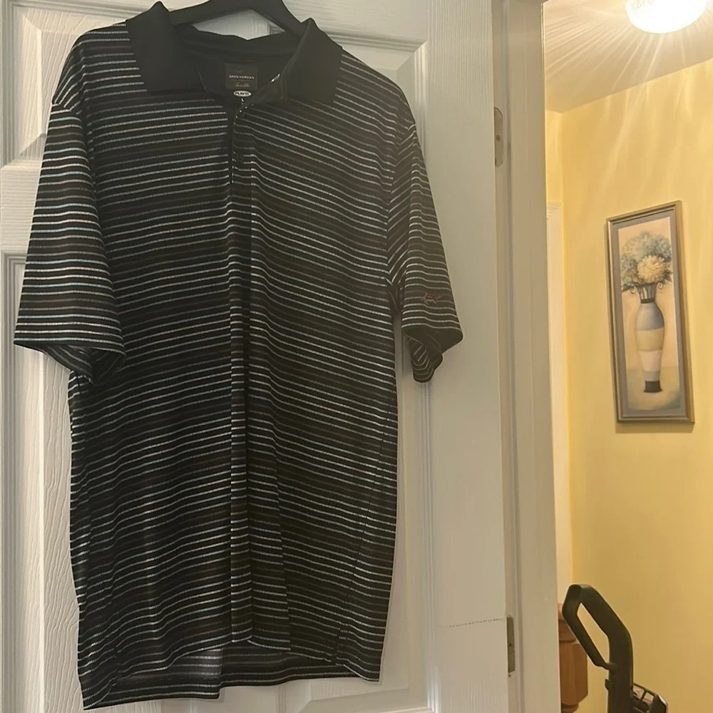 Greg Norman Men's Golf Polo Shirt, Large, Black Striped Play-Dry EUC - Picture 1 of 3